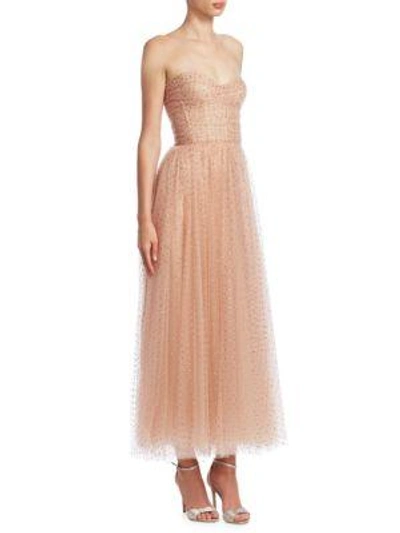 Shop Monique Lhuillier Strapless Polka-dot Tea Gown In Rose Gold