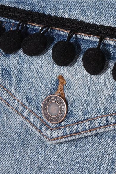 Shop Marc Jacobs Cropped Pompom-embellished Denim Jacket In Blue