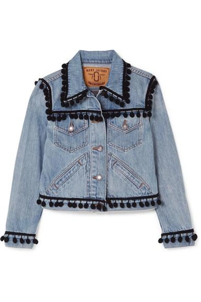 Shop Marc Jacobs Cropped Pompom-embellished Denim Jacket In Blue