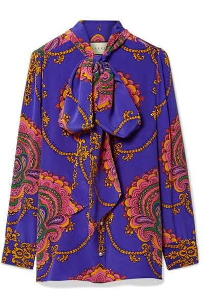 Shop Gucci Treasure Pussy-bow Printed Silk Crepe De Chine Blouse In Purple