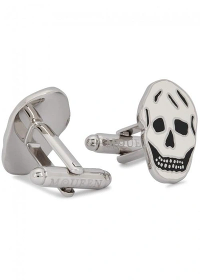 Shop Alexander Mcqueen Gunmetal Enamelled Skull Cufflinks In Silver