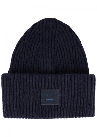 Shop Acne Studios Navy Ribbed Wool Blend Beanie