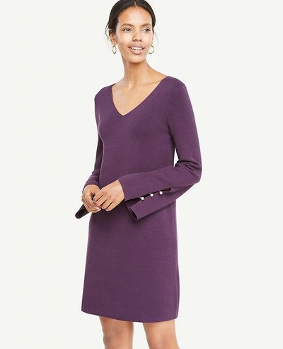 Shop Ann Taylor Pearlized Button Slit Cuff Sweater Dress In Purple Petunia