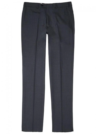 Shop Armani Collezioni Grey Checked Wool Blend Trousers In Navy