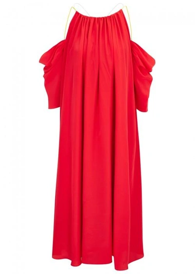 Shop Anna October Red Open-shoulder Silk Blend Midi Dress