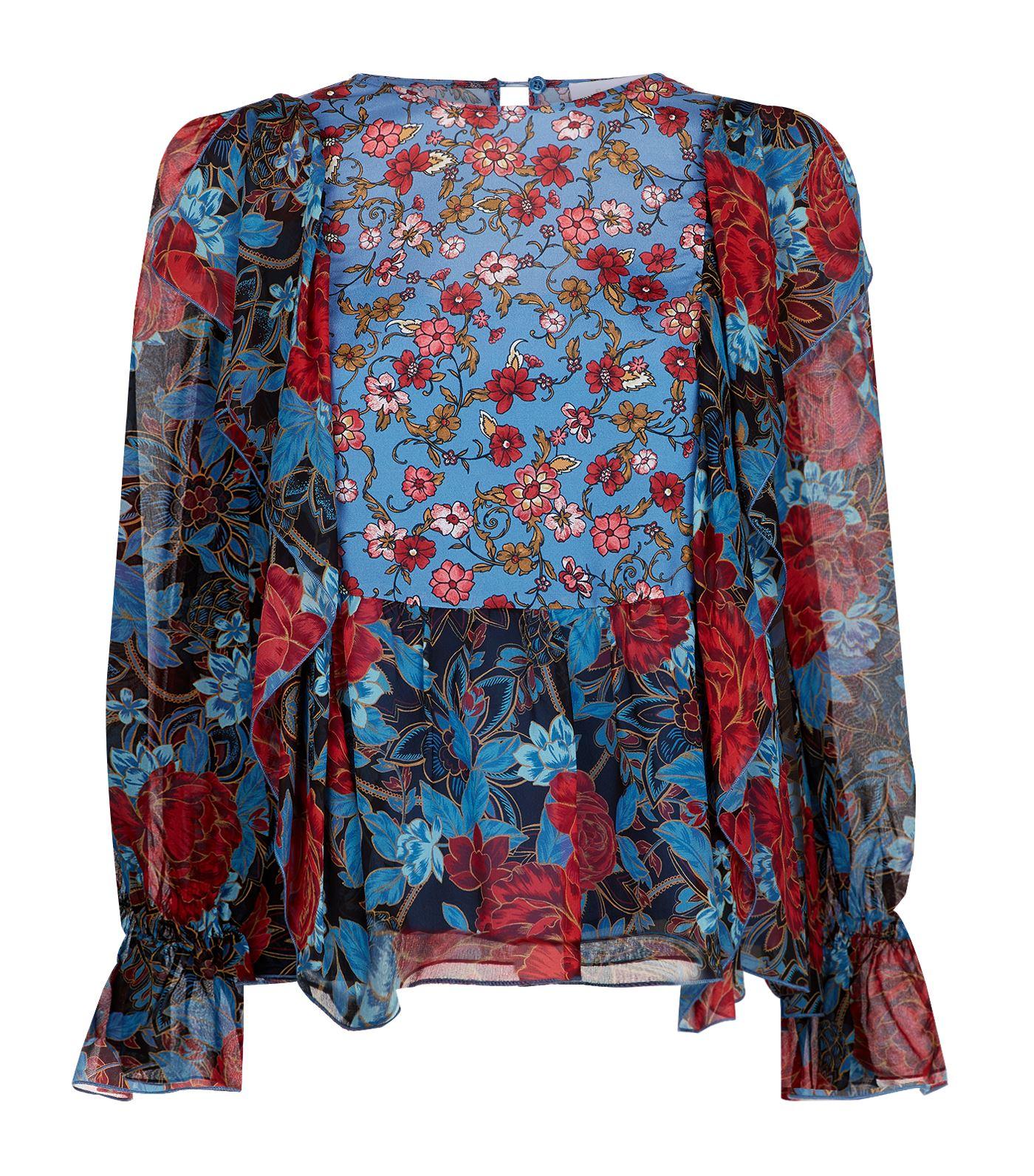 See By Chloé Floral Print Silk Ruffle Trim Blouse In Multi ...