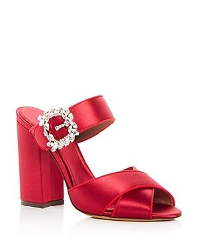 Shop Tabitha Simmons Women's Reyner Embellished Satin High Block Heel Slide Sandals In Red