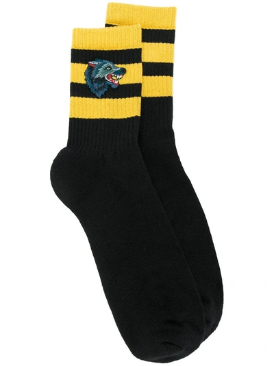 Shop Gucci Wolf Striped Socks In Black