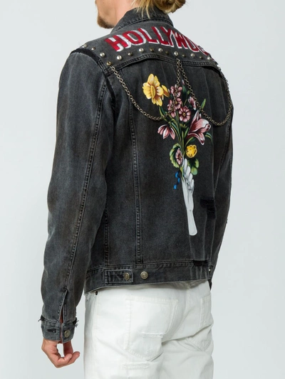 Gucci Studded Denim Jacket With Hand Bouquet In Denim, Black | ModeSens