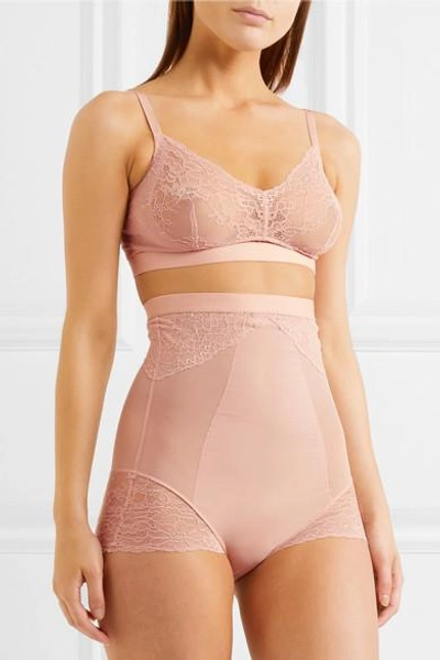Shop Spanx Spotlight Stretch-tulle And Lace High-rise Briefs In Neutral