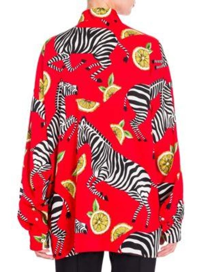 Shop Dolce & Gabbana Charmeuse Zebra & Lemon Print Blouse In Red Zebra Lemon