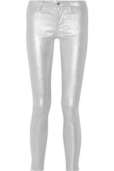 Shop J Brand Woman Glittered Stretch-suede Skinny Pants Silver