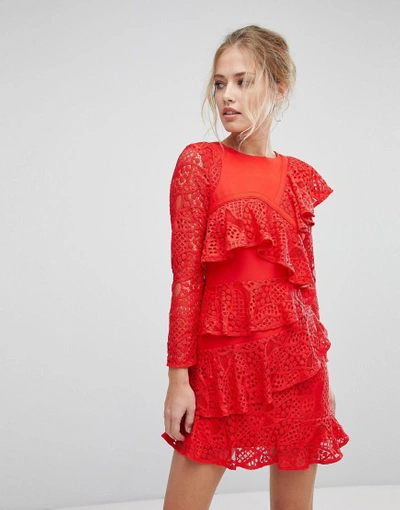 Shop Aijek Long Sleeve Mini Lace Shift Dress With Ruffle Detail-red