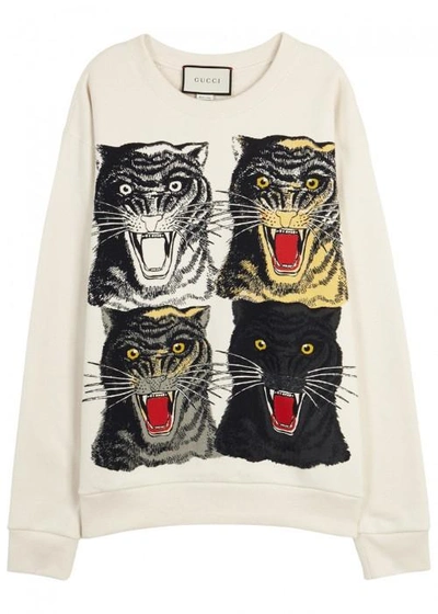 Shop Gucci Tiger Face Printed Cotton Sweatshirt In Natural