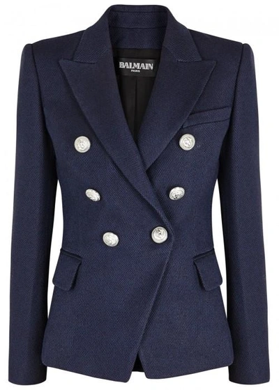 Shop Balmain Dark Blue Double-breasted Textured Blazer In Navy