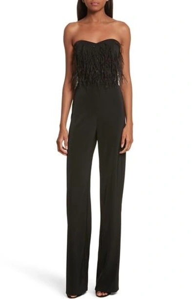 Shop Saloni Faux Feather Trim Satin Backed Crepe Strapless Jumpsuit In Black Feather