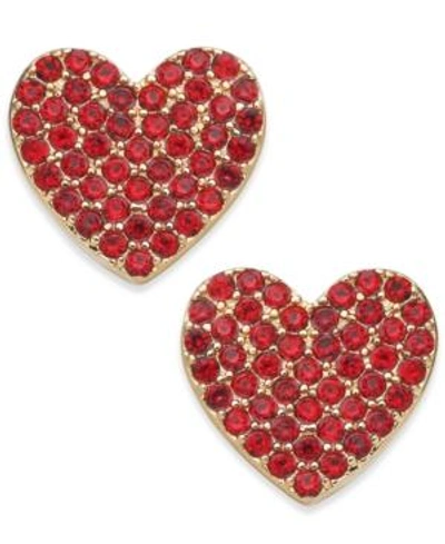 Shop Kate Spade Rose Gold-tone Pave Heart Stud Earrings In Red