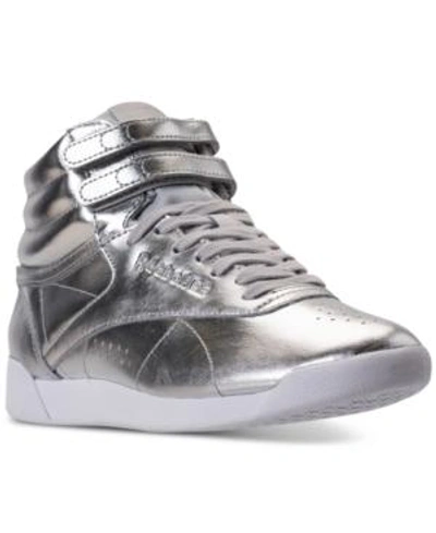 Reebok Women's Freestyle Hi Top Metallic Casual Sneakers From Finish Line  In Silver Met/steel/white | ModeSens