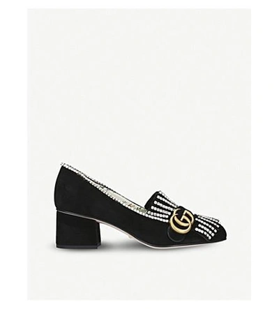 Shop Gucci Marmont 55 Crystal-embellished Suede Loafers In Black