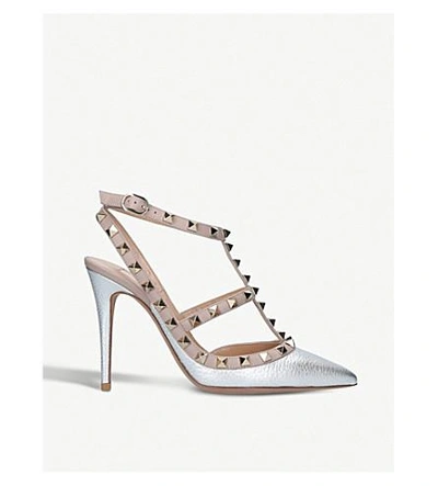 Shop Valentino Rockstud 100 Metallic-leather Courts In Silver Com