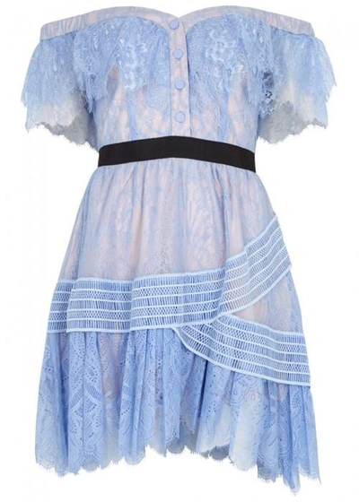 Shop Self-portrait Light Blue Off-the-shoulder Lace Mini Dress