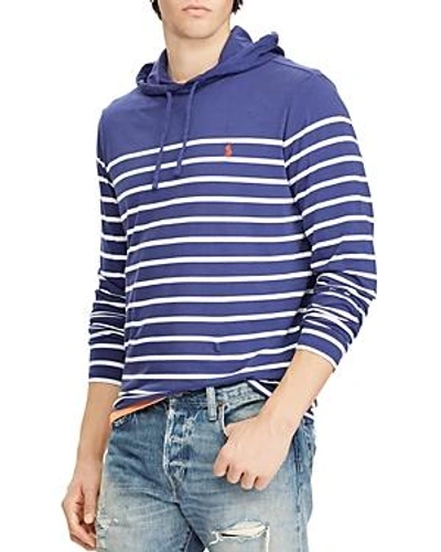 Shop Polo Ralph Lauren Striped Weathered Custom Slim Fit Hooded Sweatshirt In Royal Blue