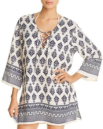 Shop J Valdi Venetian Lace-up Tunic Swim Cover-up In Ivory/navy