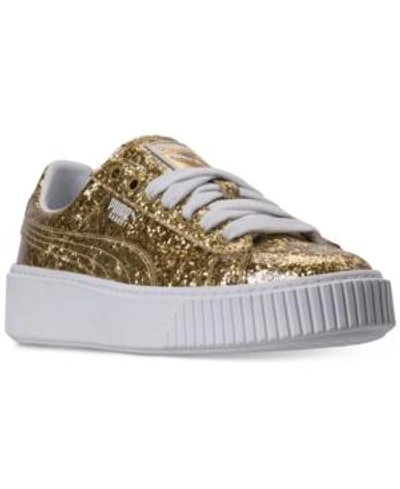 Shop Puma Women's Basket Platform Glitter Casual Sneakers From Finish Line In Gold/gold