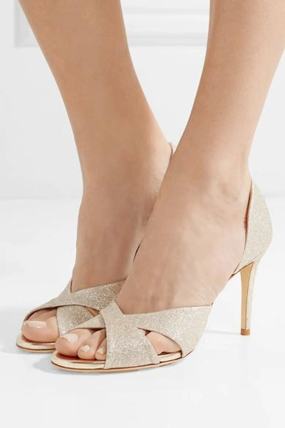 Shop Jimmy Choo Lara 85 Glittered Leather Sandals In Platinum