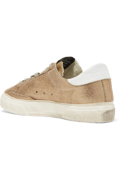Shop Golden Goose May Distressed Metallic Suede And Leather Sneakers In Gold