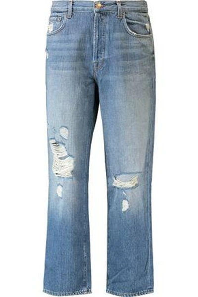 Shop J Brand Ivy Cropped Distressed High-rise Straight-leg Jeans In Light Denim