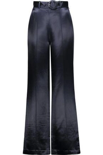 Shop Cinq À Sept Woman Hera Belted Satin Wide-leg Pants Midnight Blue