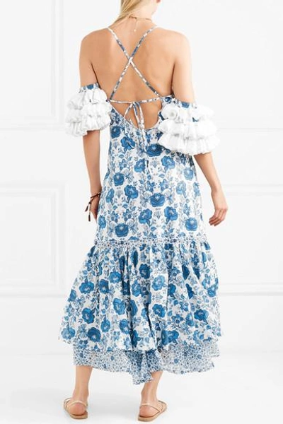 Shop All Things Mochi Natalia Crochet-trimmed Printed Cotton Midi Dress In Azure