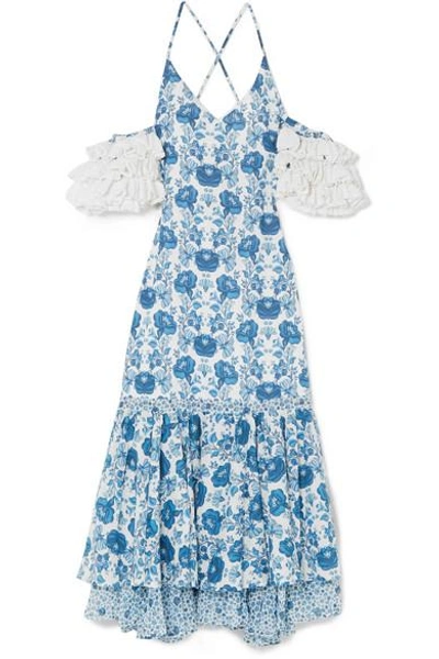 Shop All Things Mochi Natalia Crochet-trimmed Printed Cotton Midi Dress In Azure