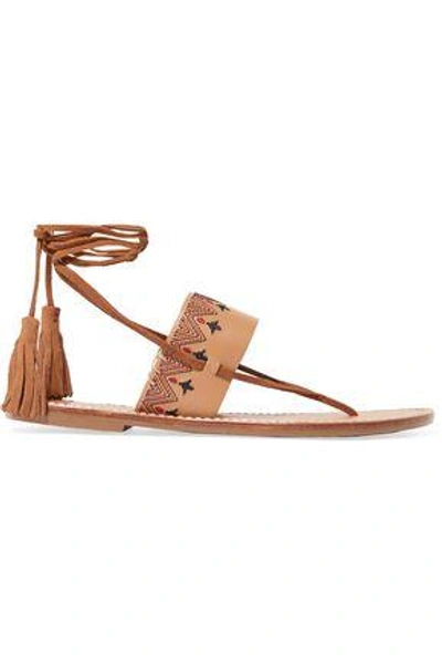 Shop Soludos Tasseled Embroidered Leather Sandals In Tan