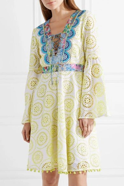 Shop Matthew Williamson Deia Fiesta Printed Silk-trimmed Broderie Anglaise Cotton Dress In Pastel Yellow