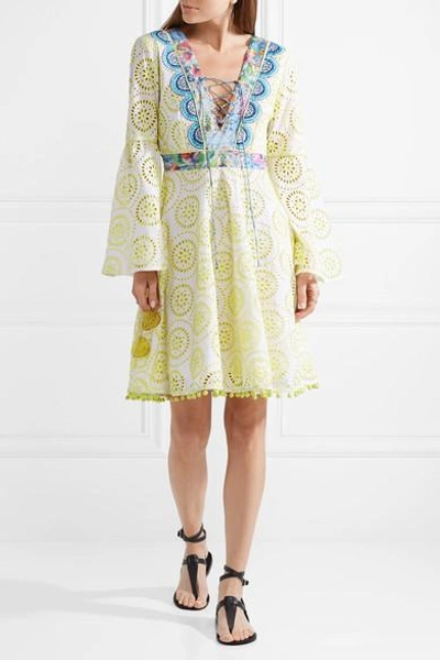 Shop Matthew Williamson Deia Fiesta Printed Silk-trimmed Broderie Anglaise Cotton Dress In Pastel Yellow