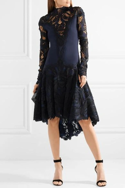 Shop Jonathan Simkhai Asymmetric Crepe And Guipure Lace Dress In Midnight Blue