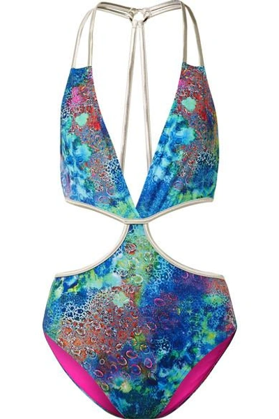 Shop Matthew Williamson Ocean Odyssey Cutout Printed Swimsuit In Turquoise
