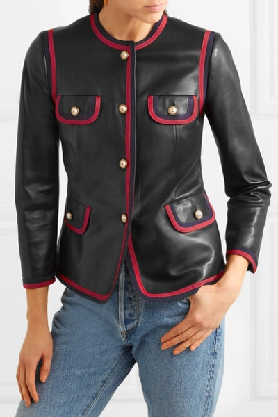 Shop Gucci Grosgrain-trimmed Leather Jacket