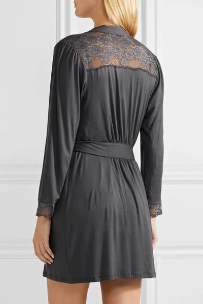 Shop Eberjey Noor Lace-trimmed Stretch-modal Jersey Robe In Charcoal