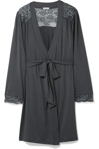 Shop Eberjey Noor Lace-trimmed Stretch-modal Jersey Robe In Charcoal