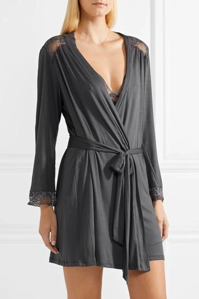 Shop Eberjey Noor Lace-trimmed Stretch-modal Jersey Robe In Charcoal