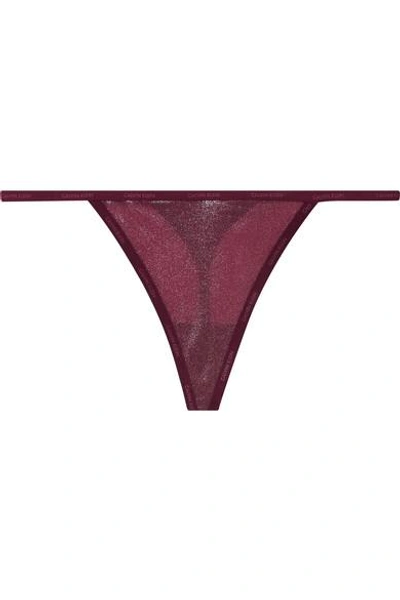 Shop Calvin Klein Underwear Sheer Marquisette Stretch-lamé Thong In Plum