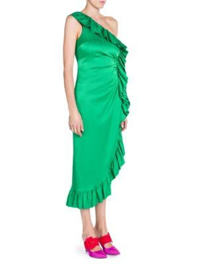 Shop Attico One-shoulder Ruffle Dress In Green