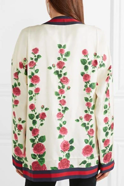 Shop Gucci Grosgrain-trimmed Floral-print Silk-satin Cardigan In Ivory