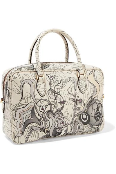Shop Prada Bauletto Printed Textured-leather Tote In White