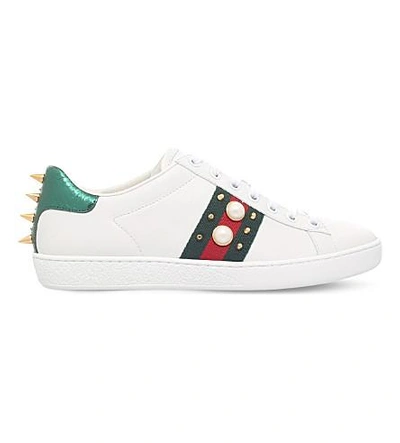 Shop Gucci New Ace Pearl And Stud-detail Leather Trainers In White Red