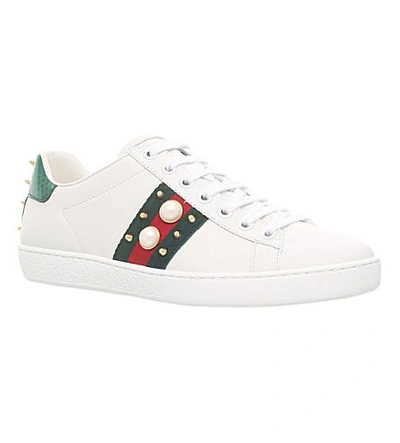 Shop Gucci New Ace Pearl And Stud-detail Leather Trainers In White Red