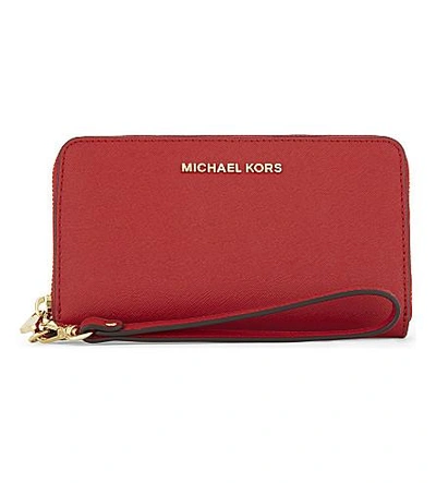 Shop Michael Michael Kors Leather Wristlet In Bright Red